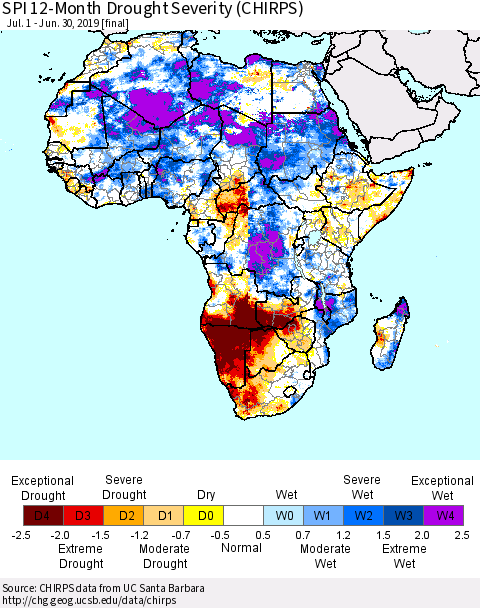 Africa SPI 12-Month Drought Severity (CHIRPS) Thematic Map For 7/1/2018 - 6/30/2019