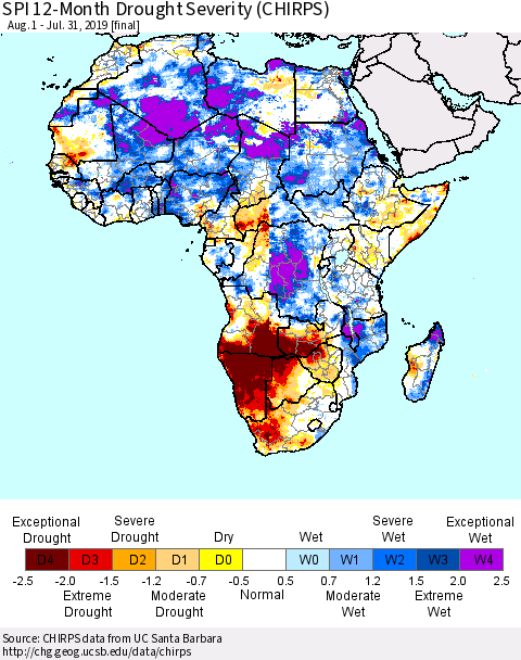 Africa SPI 12-Month Drought Severity (CHIRPS) Thematic Map For 8/1/2018 - 7/31/2019