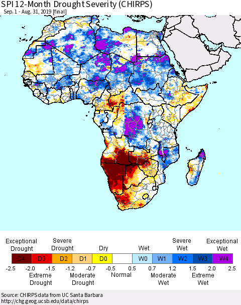 Africa SPI 12-Month Drought Severity (CHIRPS) Thematic Map For 9/1/2018 - 8/31/2019