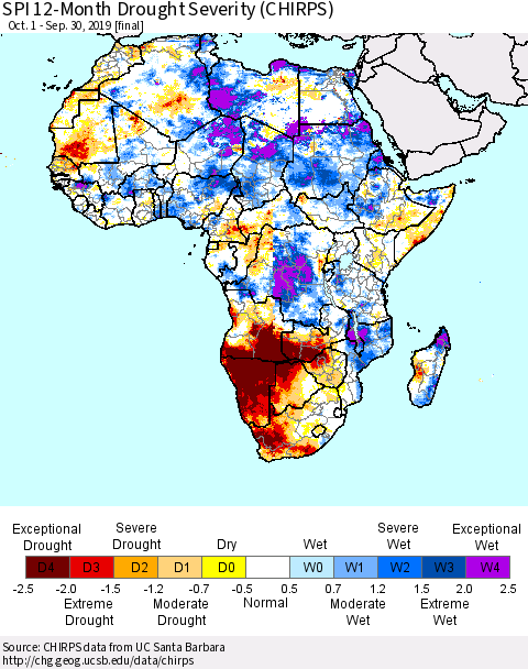Africa SPI 12-Month Drought Severity (CHIRPS) Thematic Map For 10/1/2018 - 9/30/2019