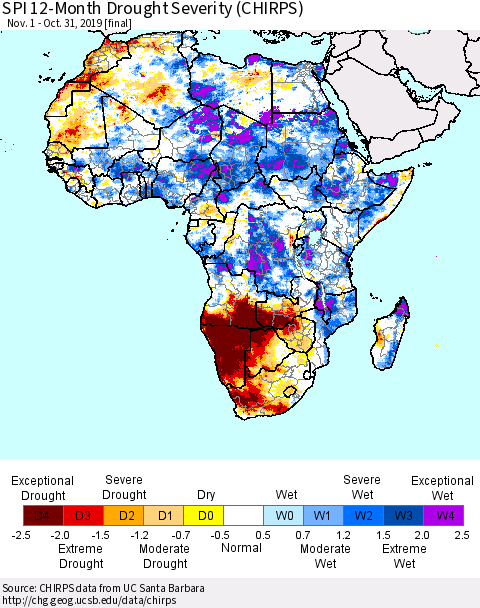 Africa SPI 12-Month Drought Severity (CHIRPS) Thematic Map For 11/1/2018 - 10/31/2019