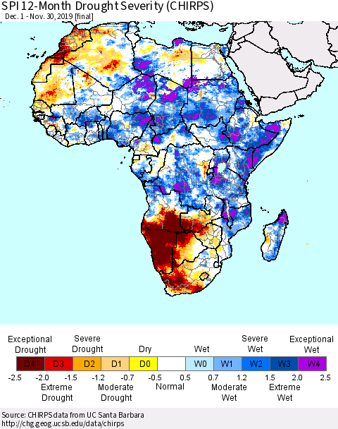 Africa SPI 12-Month Drought Severity (CHIRPS) Thematic Map For 12/1/2018 - 11/30/2019