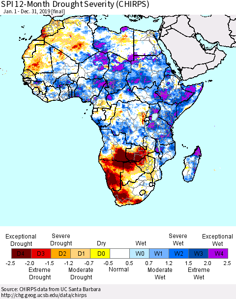 Africa SPI 12-Month Drought Severity (CHIRPS) Thematic Map For 1/1/2019 - 12/31/2019