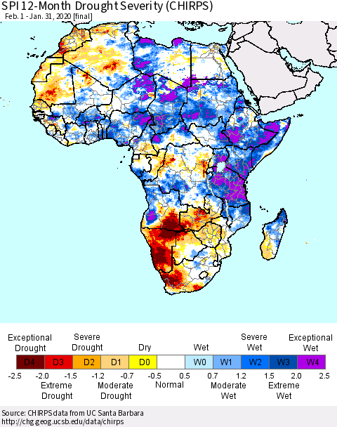 Africa SPI 12-Month Drought Severity (CHIRPS) Thematic Map For 2/1/2019 - 1/31/2020