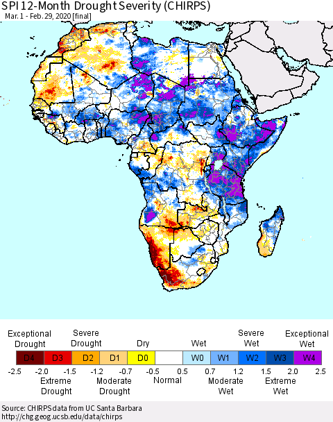 Africa SPI 12-Month Drought Severity (CHIRPS) Thematic Map For 3/1/2019 - 2/29/2020