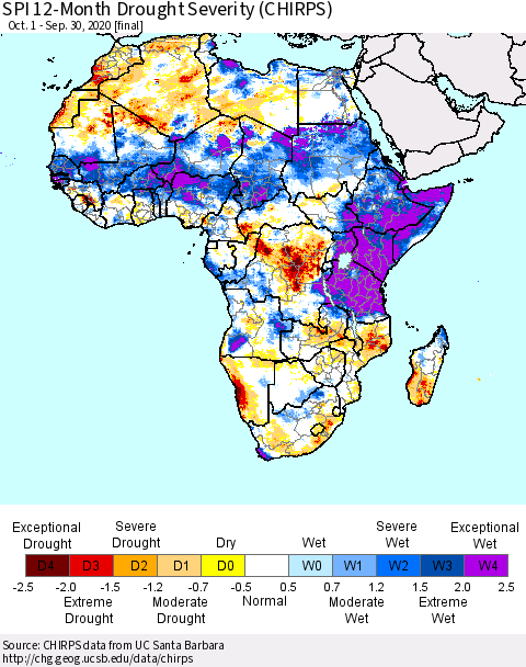 Africa SPI 12-Month Drought Severity (CHIRPS) Thematic Map For 10/1/2019 - 9/30/2020