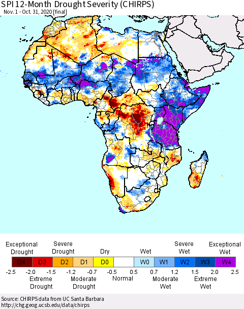 Africa SPI 12-Month Drought Severity (CHIRPS) Thematic Map For 11/1/2019 - 10/31/2020
