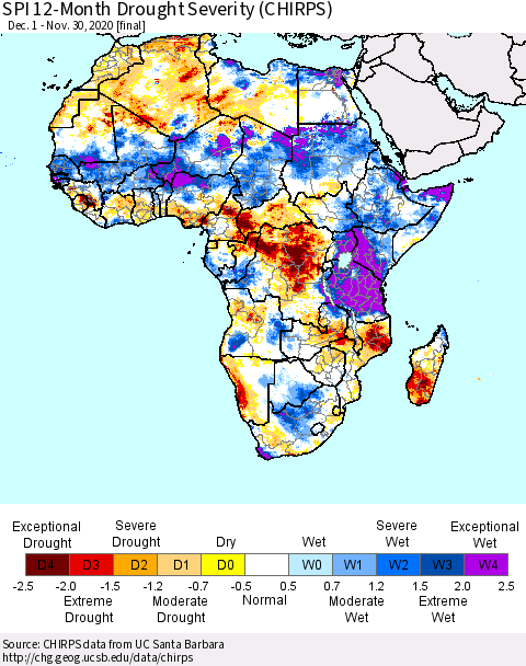 Africa SPI 12-Month Drought Severity (CHIRPS) Thematic Map For 12/1/2019 - 11/30/2020