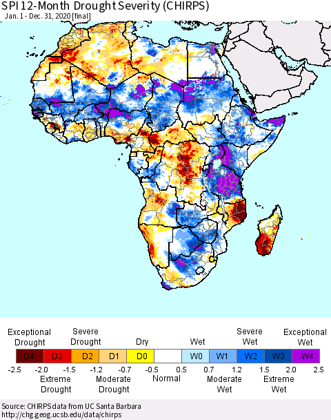 Africa SPI 12-Month Drought Severity (CHIRPS) Thematic Map For 1/1/2020 - 12/31/2020