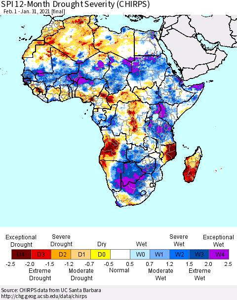 Africa SPI 12-Month Drought Severity (CHIRPS) Thematic Map For 2/1/2020 - 1/31/2021