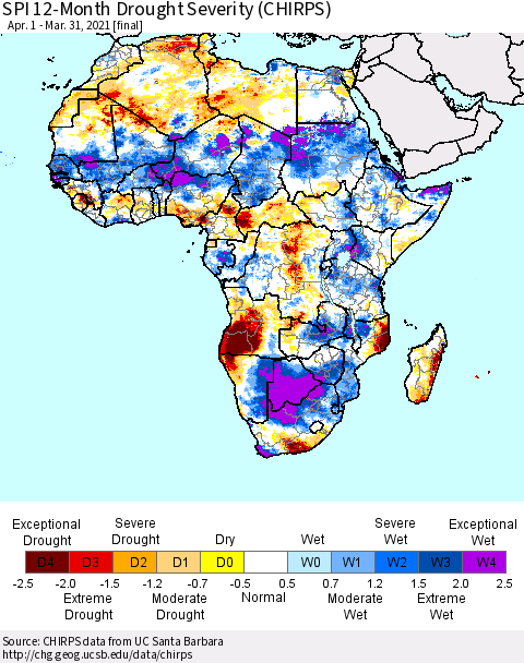 Africa SPI 12-Month Drought Severity (CHIRPS) Thematic Map For 4/1/2020 - 3/31/2021