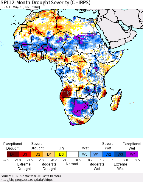 Africa SPI 12-Month Drought Severity (CHIRPS) Thematic Map For 6/1/2020 - 5/31/2021
