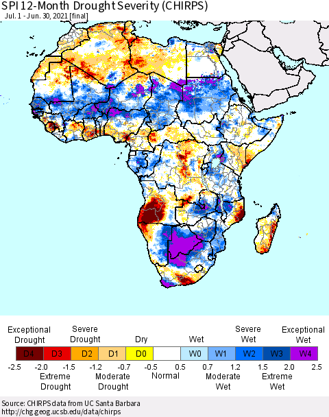 Africa SPI 12-Month Drought Severity (CHIRPS) Thematic Map For 7/1/2020 - 6/30/2021