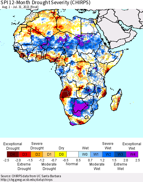 Africa SPI 12-Month Drought Severity (CHIRPS) Thematic Map For 8/1/2020 - 7/31/2021