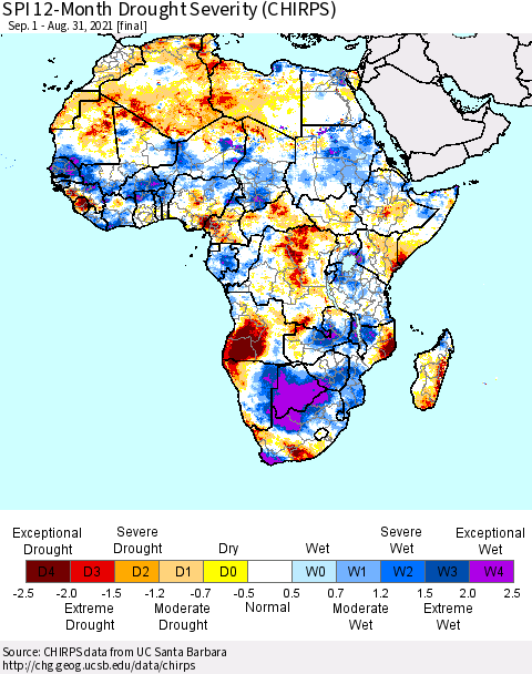 Africa SPI 12-Month Drought Severity (CHIRPS) Thematic Map For 9/1/2020 - 8/31/2021