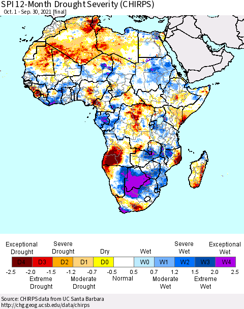 Africa SPI 12-Month Drought Severity (CHIRPS) Thematic Map For 10/1/2020 - 9/30/2021