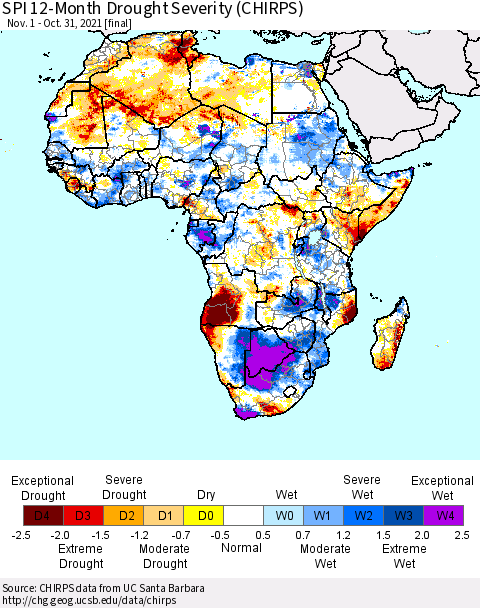 Africa SPI 12-Month Drought Severity (CHIRPS) Thematic Map For 11/1/2020 - 10/31/2021