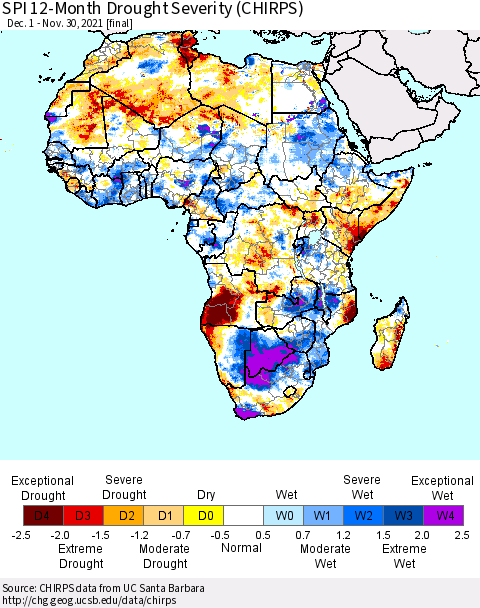 Africa SPI 12-Month Drought Severity (CHIRPS) Thematic Map For 12/1/2020 - 11/30/2021