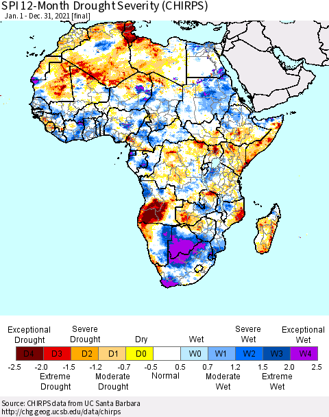 Africa SPI 12-Month Drought Severity (CHIRPS) Thematic Map For 1/1/2021 - 12/31/2021