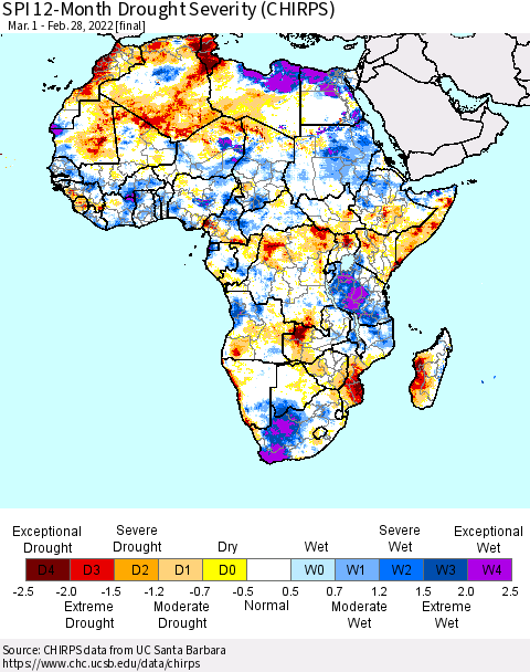Africa SPI 12-Month Drought Severity (CHIRPS) Thematic Map For 3/1/2021 - 2/28/2022