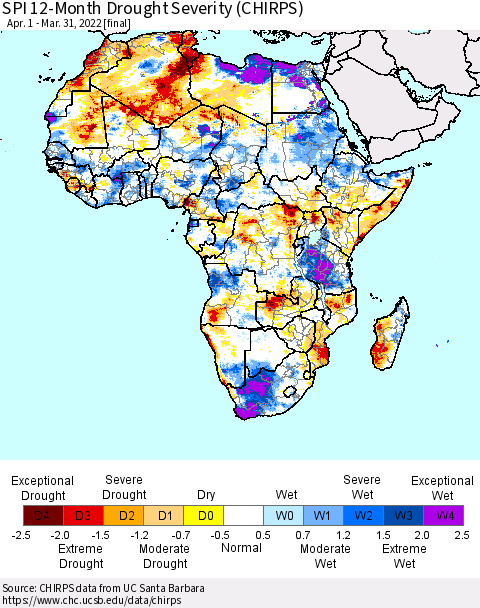 Africa SPI 12-Month Drought Severity (CHIRPS) Thematic Map For 4/1/2021 - 3/31/2022