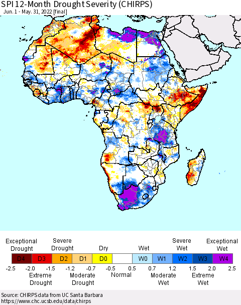 Africa SPI 12-Month Drought Severity (CHIRPS) Thematic Map For 6/1/2021 - 5/31/2022