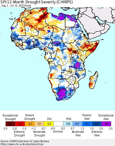 Africa SPI 12-Month Drought Severity (CHIRPS) Thematic Map For 8/1/2021 - 7/31/2022