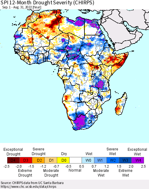 Africa SPI 12-Month Drought Severity (CHIRPS) Thematic Map For 9/1/2021 - 8/31/2022