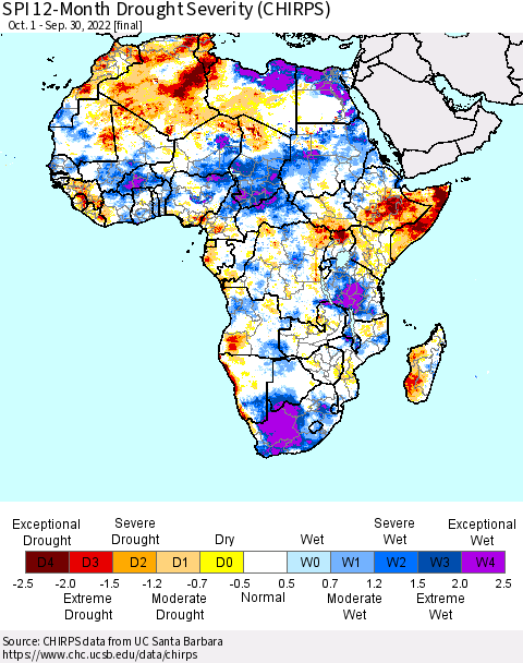 Africa SPI 12-Month Drought Severity (CHIRPS) Thematic Map For 10/1/2021 - 9/30/2022