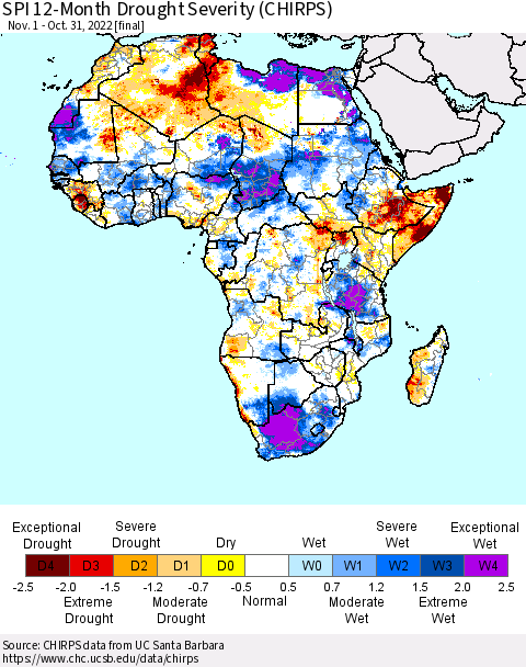 Africa SPI 12-Month Drought Severity (CHIRPS) Thematic Map For 11/1/2021 - 10/31/2022