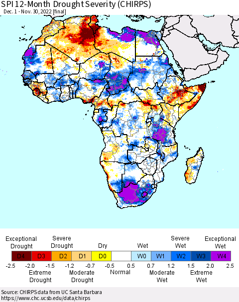Africa SPI 12-Month Drought Severity (CHIRPS) Thematic Map For 12/1/2021 - 11/30/2022
