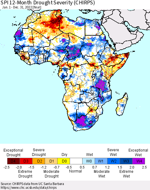 Africa SPI 12-Month Drought Severity (CHIRPS) Thematic Map For 1/1/2022 - 12/31/2022