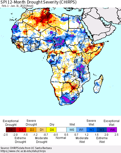 Africa SPI 12-Month Drought Severity (CHIRPS) Thematic Map For 2/1/2022 - 1/31/2023