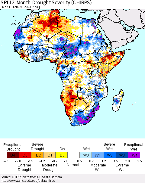 Africa SPI 12-Month Drought Severity (CHIRPS) Thematic Map For 3/1/2022 - 2/28/2023
