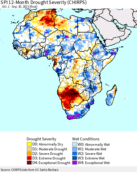 Africa SPI 12-Month Drought Severity (CHIRPS) Thematic Map For 10/1/2022 - 9/30/2023