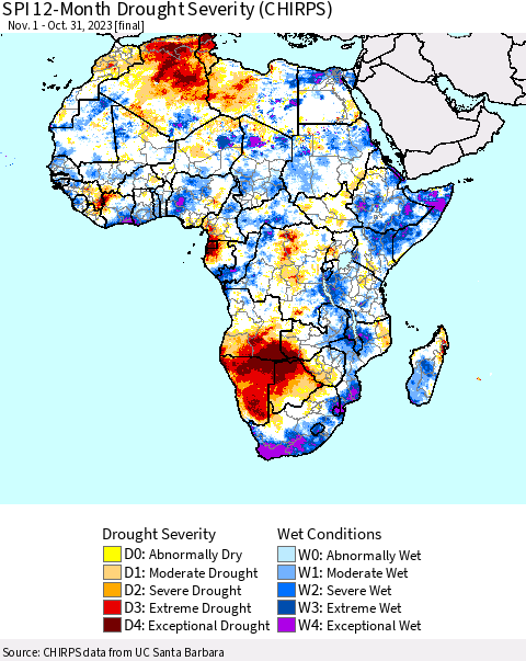 Africa SPI 12-Month Drought Severity (CHIRPS) Thematic Map For 11/1/2022 - 10/31/2023