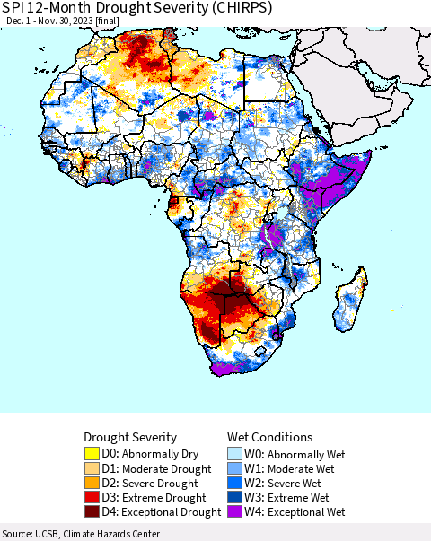 Africa SPI 12-Month Drought Severity (CHIRPS) Thematic Map For 12/1/2022 - 11/30/2023