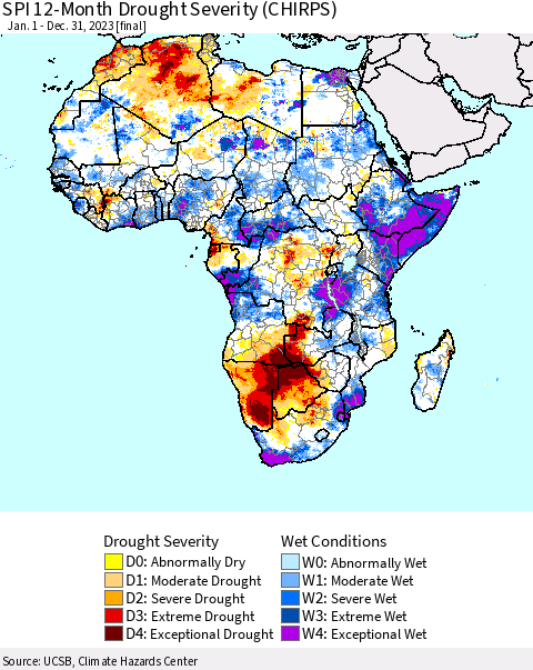 Africa SPI 12-Month Drought Severity (CHIRPS) Thematic Map For 1/1/2023 - 12/31/2023