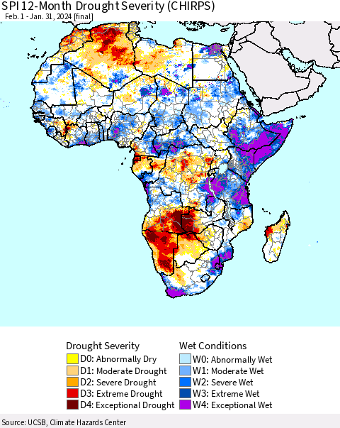 Africa SPI 12-Month Drought Severity (CHIRPS) Thematic Map For 2/1/2023 - 1/31/2024