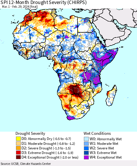 Africa SPI 12-Month Drought Severity (CHIRPS) Thematic Map For 3/1/2023 - 2/29/2024