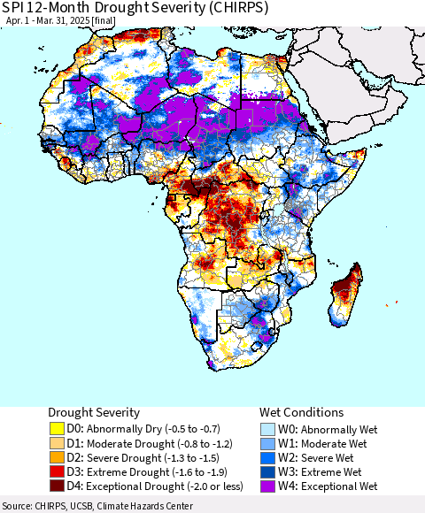 Africa SPI 12-Month Drought Severity (CHIRPS) Thematic Map For 4/1/2024 - 3/31/2025