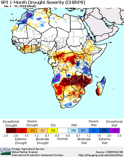 Africa SPI 1-Month Drought Severity (CHIRPS) Thematic Map For 1/1/2018 - 1/31/2018