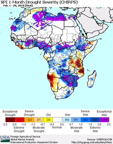 Africa SPI 1-Month Drought Severity (CHIRPS) Thematic Map For 2/1/2018 - 2/28/2018