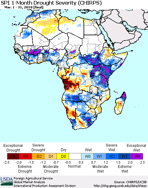 Africa SPI 1-Month Drought Severity (CHIRPS) Thematic Map For 3/1/2018 - 3/31/2018
