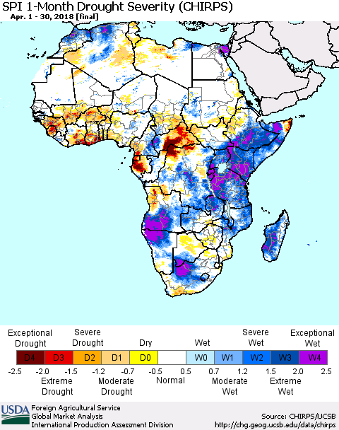 Africa SPI 1-Month Drought Severity (CHIRPS) Thematic Map For 4/1/2018 - 4/30/2018