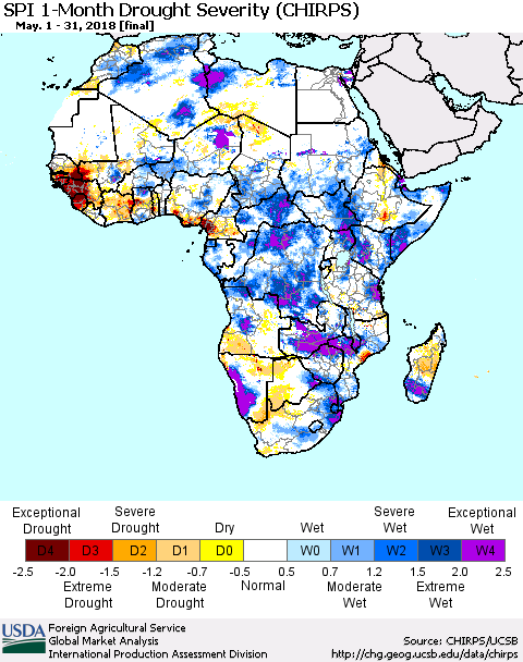 Africa SPI 1-Month Drought Severity (CHIRPS) Thematic Map For 5/1/2018 - 5/31/2018