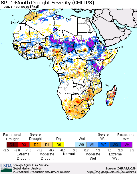 Africa SPI 1-Month Drought Severity (CHIRPS) Thematic Map For 6/1/2018 - 6/30/2018