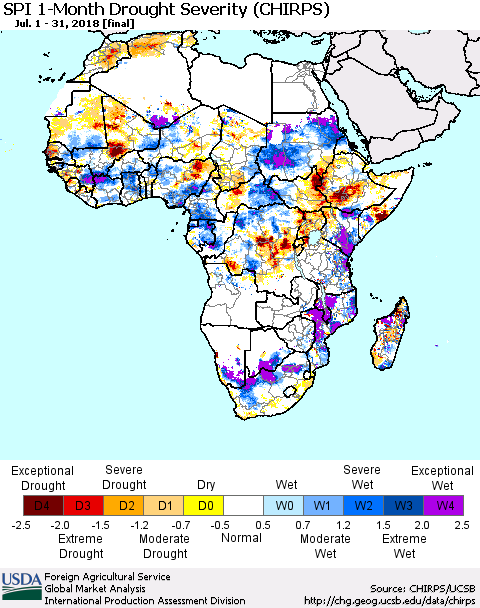 Africa SPI 1-Month Drought Severity (CHIRPS) Thematic Map For 7/1/2018 - 7/31/2018