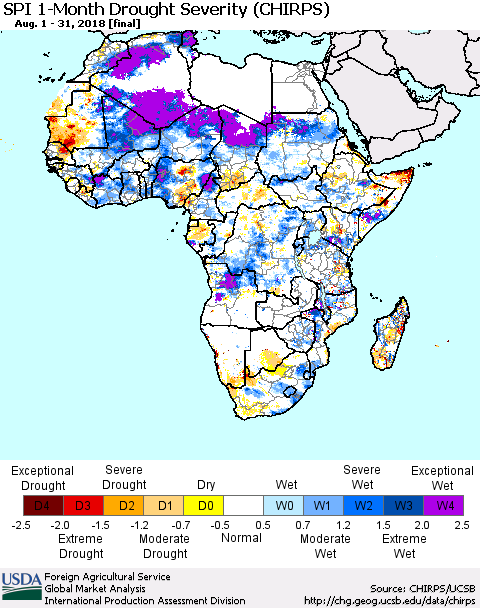 Africa SPI 1-Month Drought Severity (CHIRPS) Thematic Map For 8/1/2018 - 8/31/2018