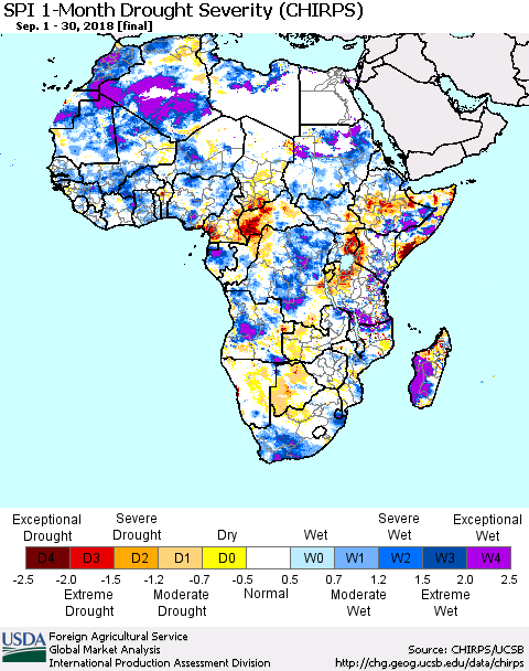 Africa SPI 1-Month Drought Severity (CHIRPS) Thematic Map For 9/1/2018 - 9/30/2018